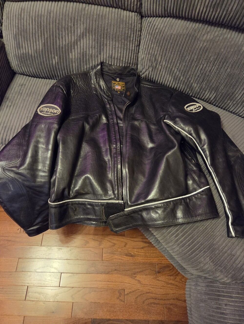 Vanson Black Leather Bomber Jacket with White Piping and Sleeve Patches